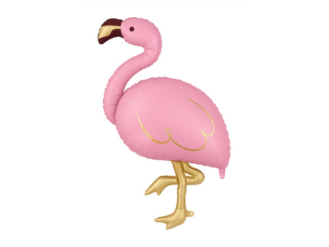 Rožinis flamingo formos folinis balionas auksinėmis kojomis ir sparno akcentais, 68 × 85 cm