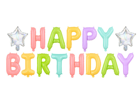 Pastelinių spalvų foliniai „Happy Birthday“ raidžių balionai su dviem sidabrinėmis vaivorykštinio žvilgesio žvaigždėmis.