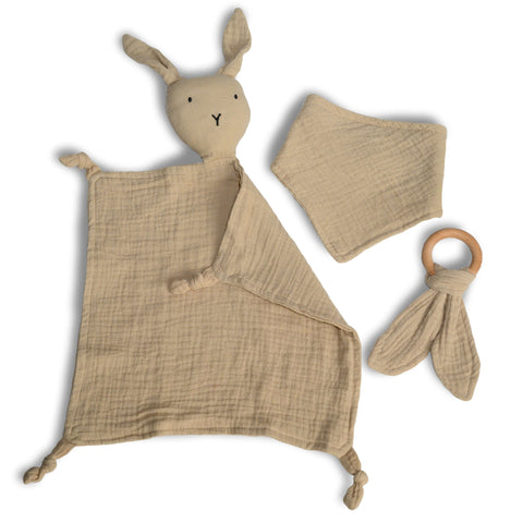 dovanų rinkinys kūdikiui mikdukas zuikis žaislas seilinukas kaklaskarė