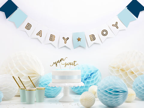 Mėlyna auksinė gimtadienio girlianda su užrašu Baby Boy