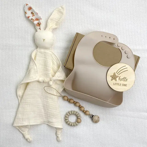 dovanų rinkinys kūdikiui mikdukas zuikis žaislas silikoninis seilinukas čiulptuko laikiklis dovana gimimo proga lankymo dovana