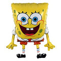 Geltonas folinis balionas „Kempiniukas SpongeBob“ su mėlynomis akimis, plačia atvira šypsena, rankomis ir kojomis.