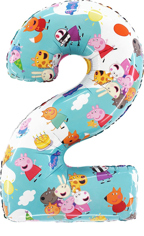 Žydras folinis balionas skaičius 2 su „Peppa Pig“ personažais ir spalvingais balionėliais.