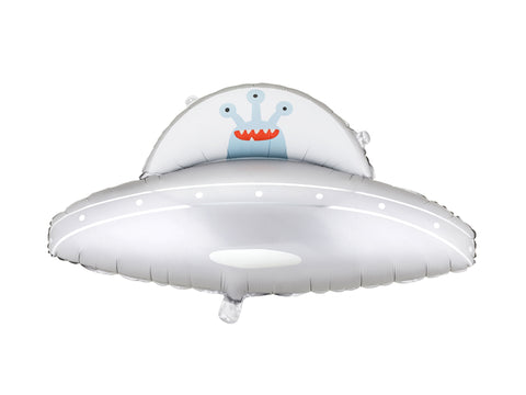 Sidabrinis skraidančios lėkštės formos folinis balionas su trijų akių ateiviu baltame fone